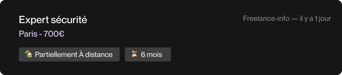 Une mission du jobboard Pylote, avec son TJM, son lieu et sa durée.